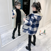 女童呢子外套冬装2023小女孩，韩版洋气中大儿童加绒格子呢大衣