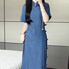 Sayincan新中式蓝色短袖改良旗袍女夏季小个子民国风修身连衣长裙