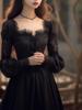 赫本香风高端精致缎面，连衣裙法式秋冬设计显瘦黑色蕾丝长裙