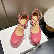 玫红色高跟鞋女2024年设计感一字扣带仙女粗跟圆头中空单鞋女
