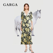 GARGA法式蕾丝花边黄色碎花连衣裙女复古高级感v领显瘦设计感长裙