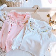 6个月婴儿白色翻领打底衫春秋婴儿长袖T恤刺绣套头甜美公主上衣棉
