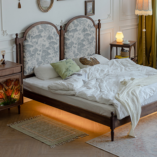 物应仲夏夜床法式复古软包1.8米实木床黑胡桃木床布艺1.5米双人床