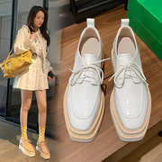 2024韩版松糕鞋女厚底漆皮系带增高英伦风真皮高跟鞋坡跟单鞋