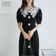 百洛安拼接蕾丝连衣裙女夏季韩版气质女神范通勤泡泡袖中长裙