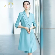 AD蓝色职业连衣裙女2023夏季百褶裙高级感西装裙正式场合套裙