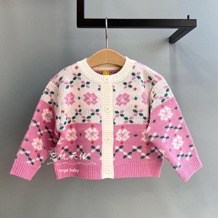 韩国中小童装春女童宝，纯棉玫粉提花，甜美洋气针织开衫毛衣