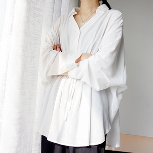 韩版文艺女装2021春夏纯色蝙蝠袖系带宽松长袖雪纺衬衫女上衣