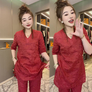 网红时尚套装女2023年夏季韩版显瘦短袖v领上衣+哈伦裤潮