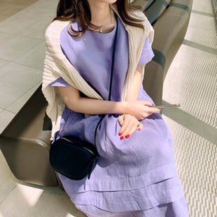 l56韩国女装复古亚麻，圆领短袖夏女连衣裙，宽松腰紫罗兰多巴胺