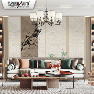 现代新中式壁布拼色意境，竹子壁画客厅沙发，背景墙壁纸书房卧室墙布