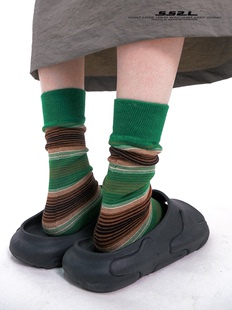 SS2L秋冬复古运动风经典撞色绿条纹运动中筒袜子男女ins潮堆堆袜