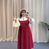 200斤胖mm大码女装法式假两件拼接连衣裙红色减龄遮肚显瘦中长裙