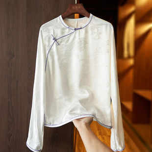品牌折扣白色重磅真丝衬衫女复古提花国风盘扣绸缎中式上衣潮