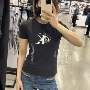 calvinkleinck女士休闲时尚，修身显瘦双logo弹力圆领短袖t恤衫