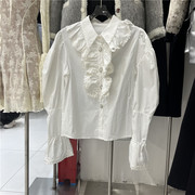 蕾丝荷叶边韩版白色衬衫，女泡泡袖气质，百搭钻扣显瘦开衫长袖衬衣潮