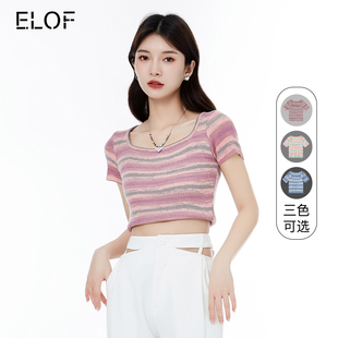 ELOF夏季2023彩虹条纹方领短袖T恤女甜辣短款潮小众修身显瘦