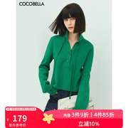 cocobella气质飘带绿色短款polo衫女宽松休闲翻领，长袖上衣ts508