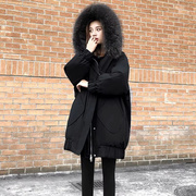 高端设计感黑色连帽中长款羽绒服冬季宽松显瘦白鸭绒保暖外套