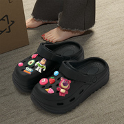 草莓熊洞洞鞋女款2024夏季外穿孕妇防滑拖鞋沙滩黑色包头凉鞋