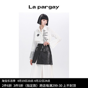 lapargay纳帕佳2023女装黑白色，上衣欧美时尚长袖字母长款衬衫