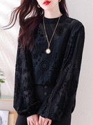 九月陌墨长袖黑色蕾丝高级感气质镂空衬衫，女2024春装洋气时尚上衣