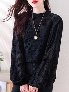 九月陌墨长袖黑色蕾丝高级感气质镂空衬衫女2024春装洋气时尚上衣