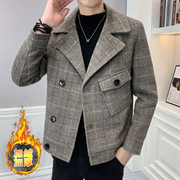 羊毛呢子大衣男装格子冬季加绒短款双排扣西装韩版青年小风衣外套