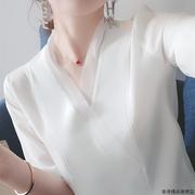 雪纺衫女短袖2023夏季韩版宽松显瘦V领洋派小衫白色半袖上衣