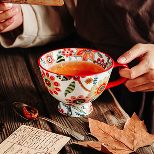 景德镇釉下彩陶瓷高脚大容量早餐牛奶花茶水杯创意个性咖啡燕麦杯