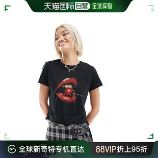 香港直邮潮奢asos女士设计樱桃红，嘴唇图案印花童趣，t恤(黑色)
