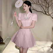 新中式重工改良旗袍粉色连衣裙夏季设计感小众流苏国风盘扣公主裙