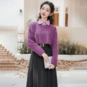 今年流行漂亮套装法式粉紫色衬衣深紫色毛衣搭配百褶半身裙三件套