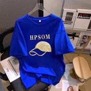 克莱因蓝纯棉短袖t恤女2025夏季新款体恤欧货大码半袖中长款上衣