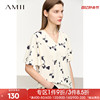 amii2024夏v领喇叭袖，短袖玫瑰印花雪纺，衫女高级感法式上衣