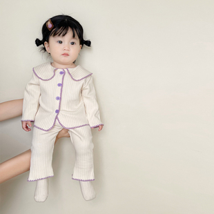 ins韩版春季婴幼儿套装洋气翻领长袖开衫微喇叭长裤女宝宝两件套