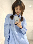 蓝色条纹POLO领长袖衬衫薄款外套女春秋季宽松设计感小众衬衣上衣