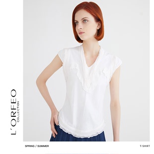 L'ORFEO/奥菲欧V领层叠褶上衣小包袖蕾丝装饰边修身时尚舒适T恤