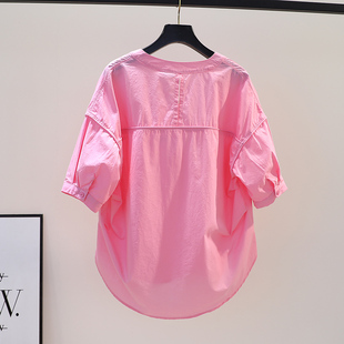 粉红色棉布衬衫女设计感拼接宽松衬衣，2024文艺范圆领(范，圆领)小心机上衣潮