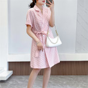 惠衣阁夏季女短袖连衣裙格子衬衫裙韩版甜美系带中长裙小个子短裙