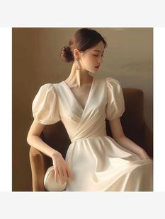 法式赫本风雪纺长裙气质名媛高端女神范高级感白色连衣裙子女夏季