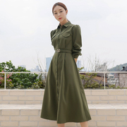 高端秋季连衣裙通勤长袖polo领军绿色衬衫裙女2022年洋气时尚
