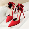 红色婚鞋10cm超高跟蝴蝶结一字扣带尖头凉鞋女中空浅口细跟职业鞋