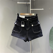 女团款黑色牛仔短裤，2024夏欧货高腰水洗，弹力大口袋超短裤热裤