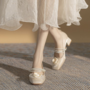 羊皮版~新中式鞋子法式温柔配裙子鞋玫瑰花，白色高跟鞋玛丽珍鞋女