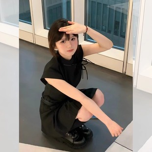 新中式轻国风短袖黑色改良旗袍女2024夏季小个子设计感连衣裙短裙