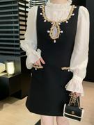 韩国ulzzang早春法式气质时尚立领衬衫+背带钉珠马甲连衣裙女