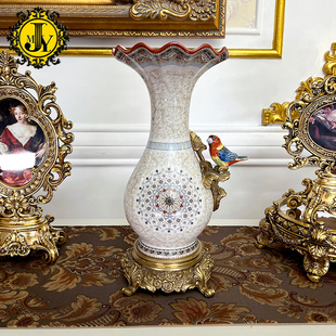 美式别墅客厅高端铜配瓷花瓶法式田园欧式玄关桌面餐厅家居装饰品