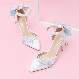 淡蓝色夏季洛丽塔尖头蝴蝶结，一字式带甜美少女白色，中空高跟凉鞋新