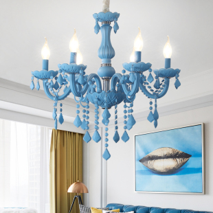 欧式地中海蓝色水晶灯马卡龙(马卡龙，)儿童卧室吊灯个性咖啡厅彩色水晶灯具